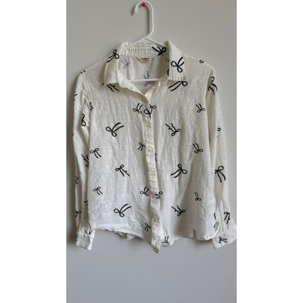 Lucky Brand Womens Medium White Black Bow Print Button Down Shirt Blouse
